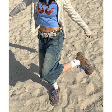 MQTIME  -  2024 Blue Women's Shorts Jeans High Waist Straight Y2K Pants Streetwear Casual Vintage Female Wide Leg Denim Five Points Trouser